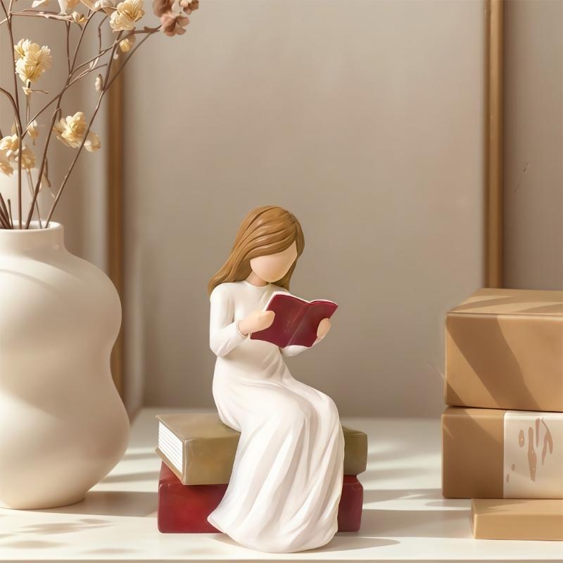 Reading Thinker Statue Reading Girls Figurines Sculpture Ornament for Home Office Bookshelf Decors Book Lover Gift