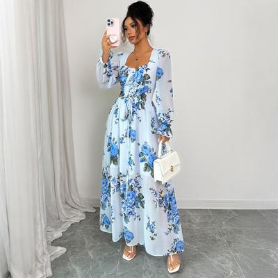 Cross-border Europe, America, Elegant and Simple Printing Fungus Edge Long-sleeved Dress Women's Clothing Autumn and Winter Independent Station