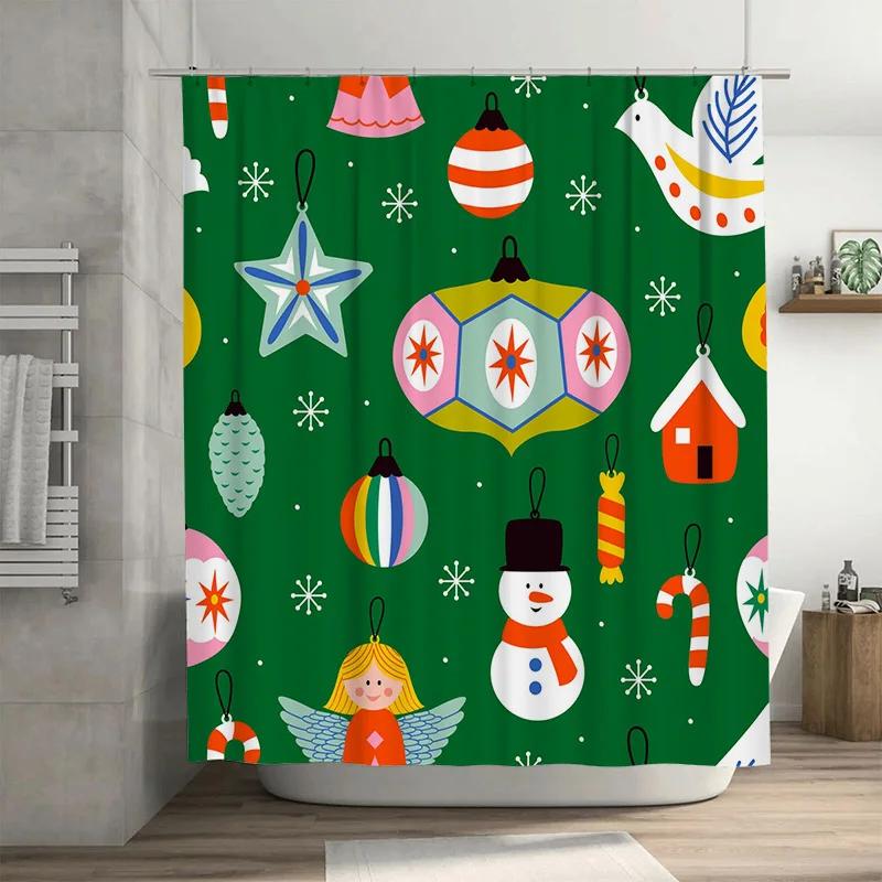 

GAETU Festive Christmas Shower Curtain Holiday Bathroom Decor Santa Snowman Reindeer Pattern Waterproof Fabric Backdrop Xmas P 90x180cm