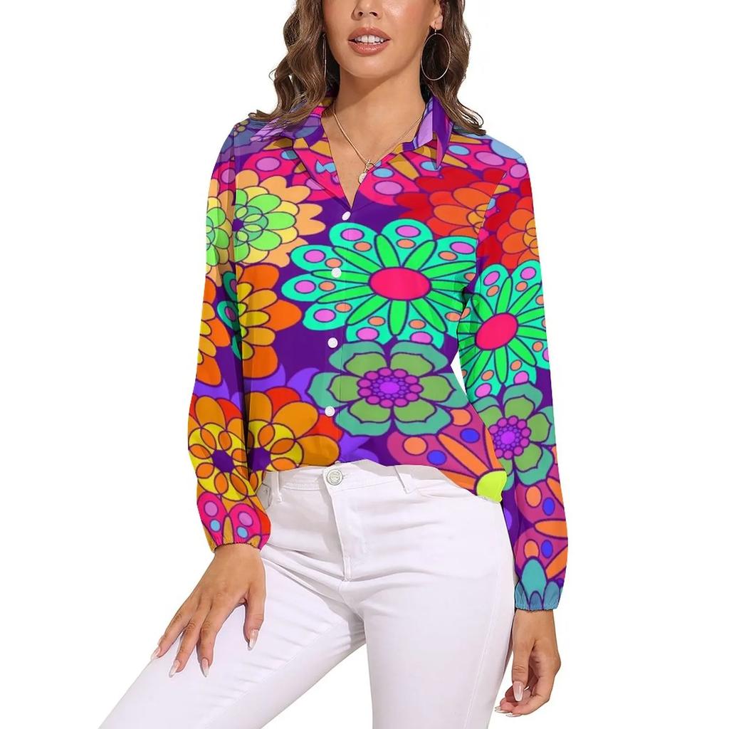 Helle Flower Power Bluse Retro Hippie Blumen Trendige Bedruckte Blusen Damen Langarm Freizeithemden Frühling Übergroße Kleidung