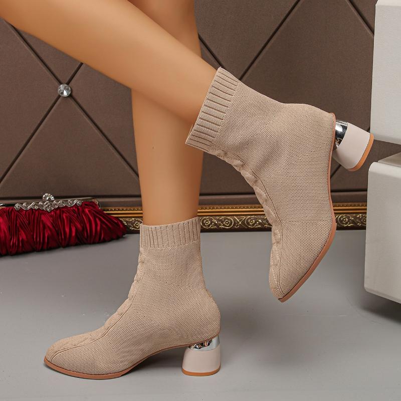 Fashion Women Boots New Large Fashionable Knitted Shoes Women Non Slip Rubber Sole Fashionable Luxury Boots High Heels Mid Calf Boots