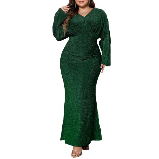 Plus Size Women Evening Dress V-Neck Long Sleeve High Waist Tight Long Dress Solid Color Shiny Fishtail Dress