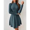 2025Women Ribbed Knit Dress Autumn Winter Elegant Chic Long Sleeve O Neck High Waist Corset Slim Pleated Mini Dress Streetwear