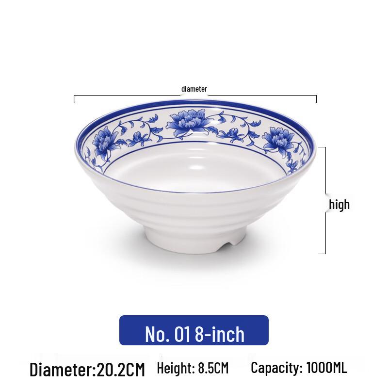 Zhebu 8-inch Commercial Melamine Noodle Soup Bowl - Blue & White Style