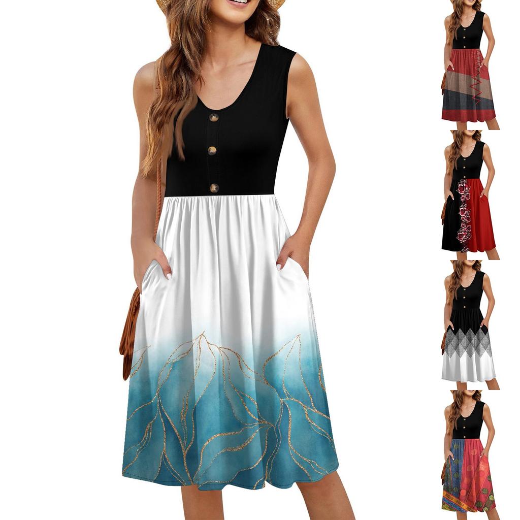 Damen Sommerkleider Ärmellos Lässig Locker Schwingend Knopfleiste Midi Sonnenkleid mit Taschen