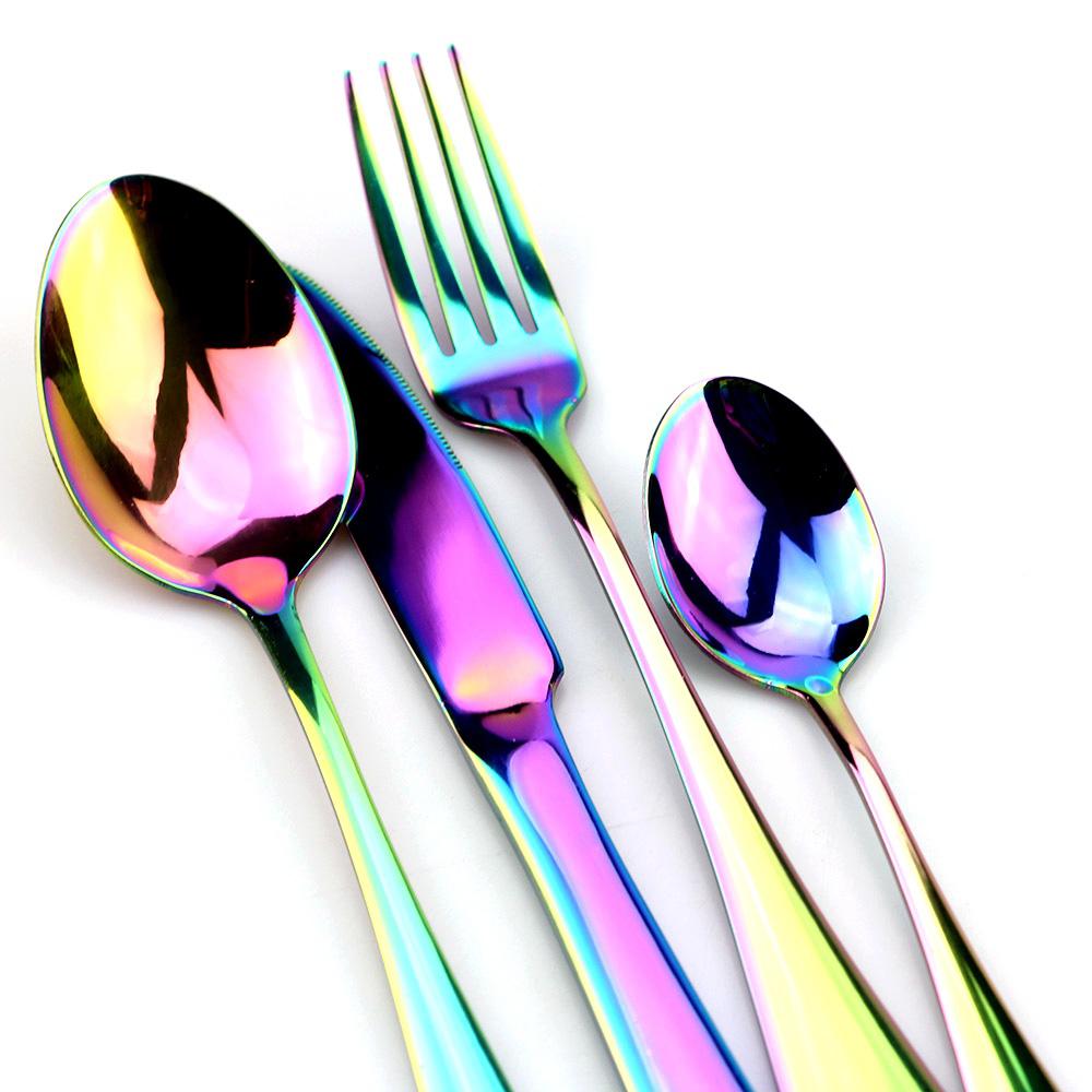Buntes Regenbogen-Geschirr-Set, Edelstahl-Besteck-Set, 1/4-teilig, schwarzes Messer-Gabel-Set, Geschirr, Gold, Silber, westliches Essensset