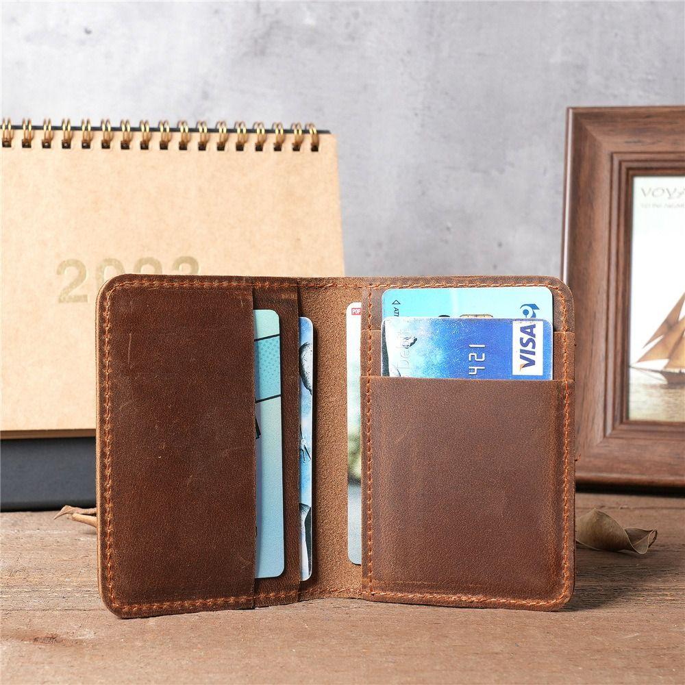 Vintage Genuine Leather Men's Card Holder Minimalist Small Wallet Brown Thin Purse Credit Card ID Card