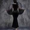 Women Solid Color Velvet Fishtail Maxi Dress Elegant Lace Up Long Sleeve Evening Gown