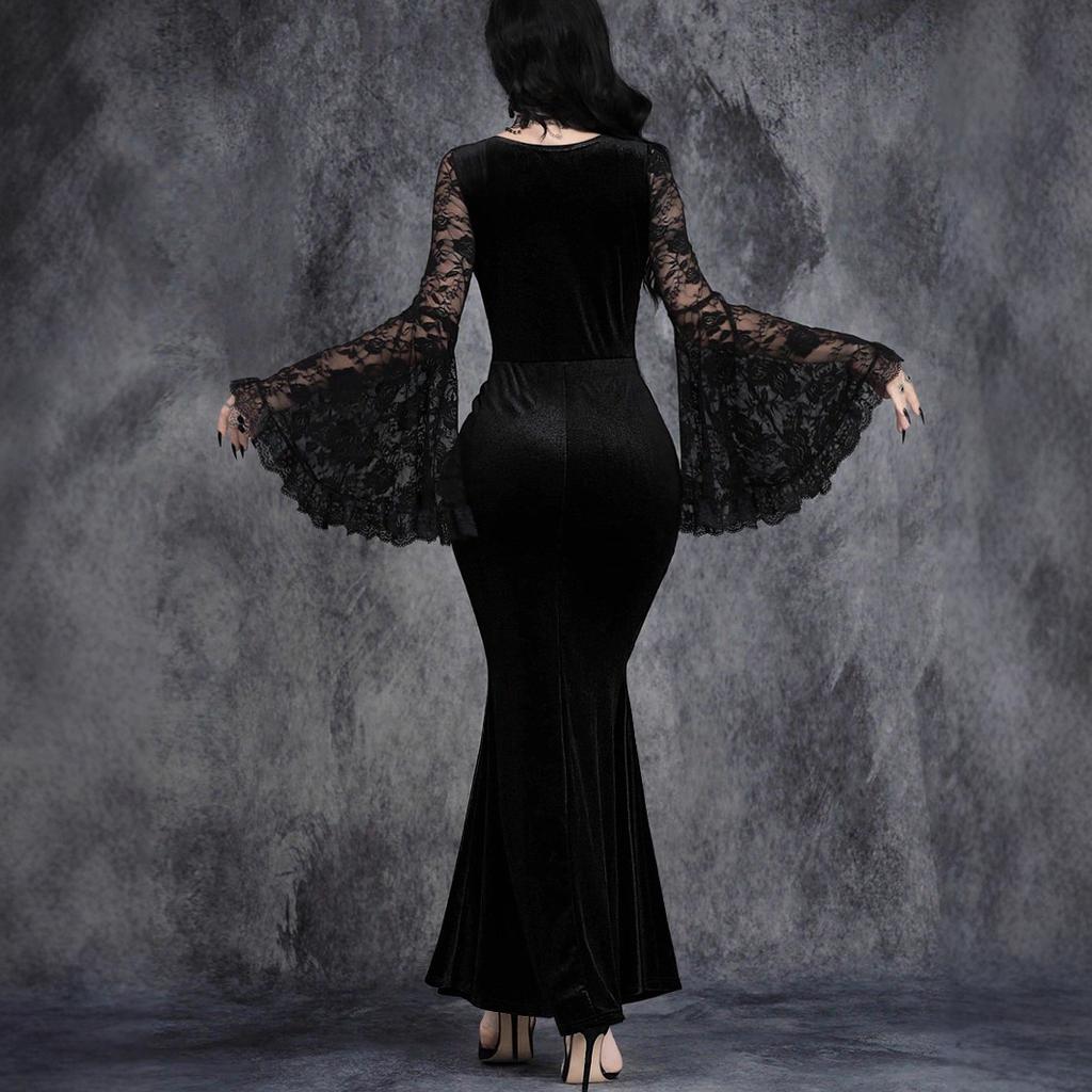 Women Solid Color Velvet Fishtail Maxi Dress Elegant Lace Up Long Sleeve Evening Gown