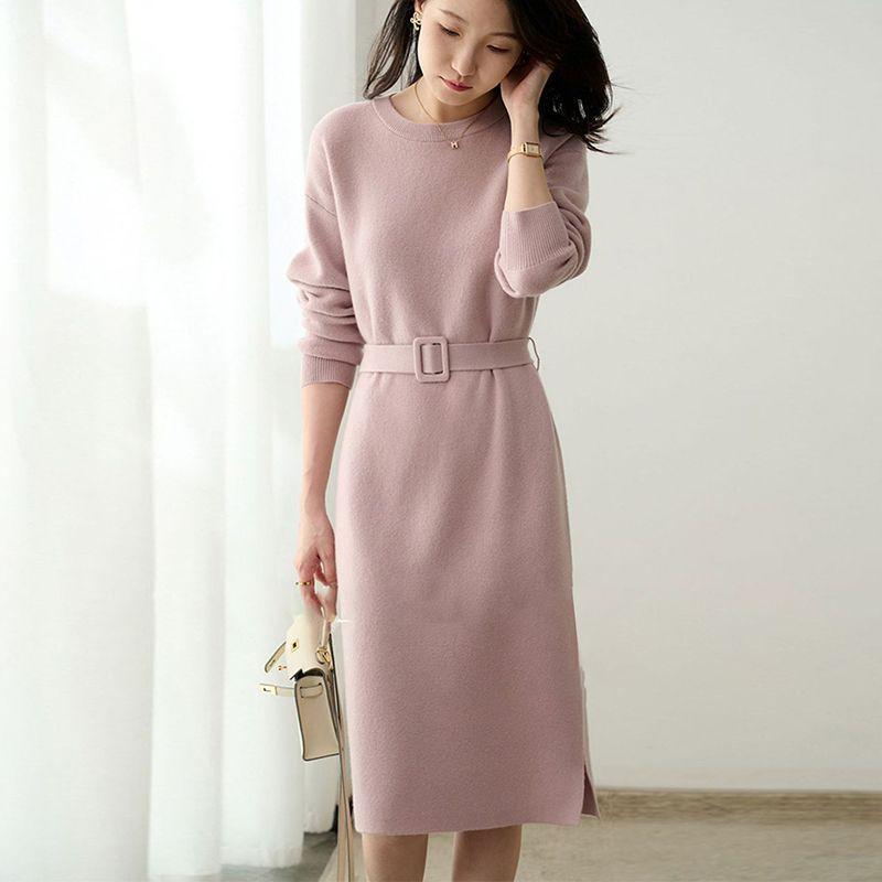 

Вязаное платье для женщин Осень и Зима Круглый вырез Длинный рукав Платье миди Однотонное Повседневное Приталенное Французское платье L