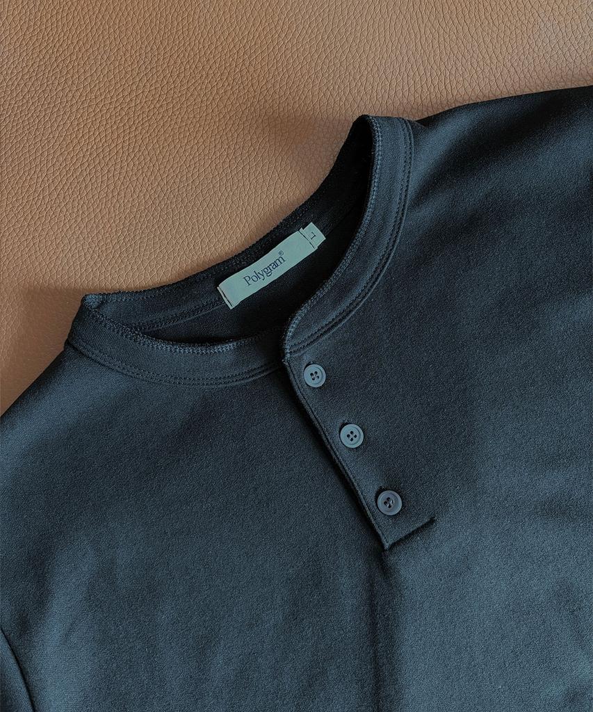 POLYGRAM Washable Semi-Crop Henley Neck Long Sleeve - Black