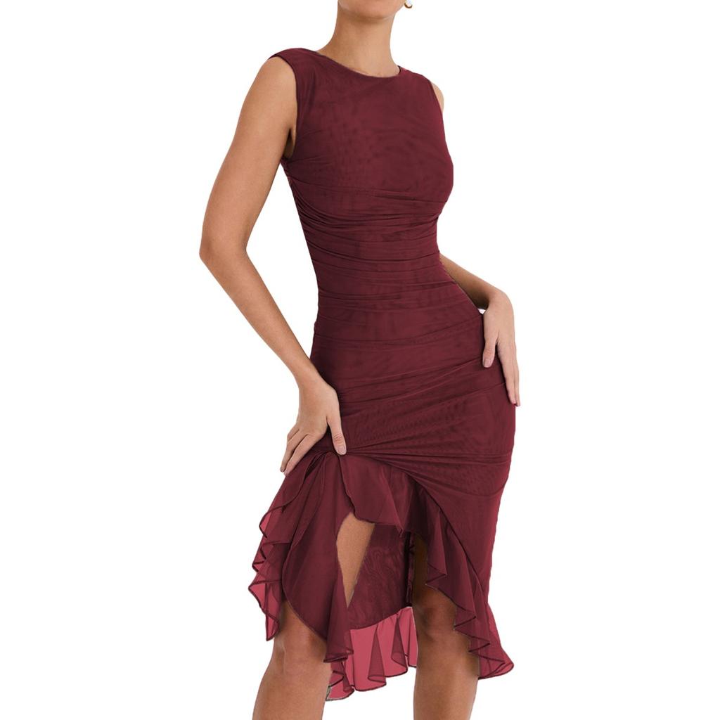 Summer New European American Style Round Neck Sleeveless Dress, Fashion Sexy Tight Backless Ruched Dress In Stock