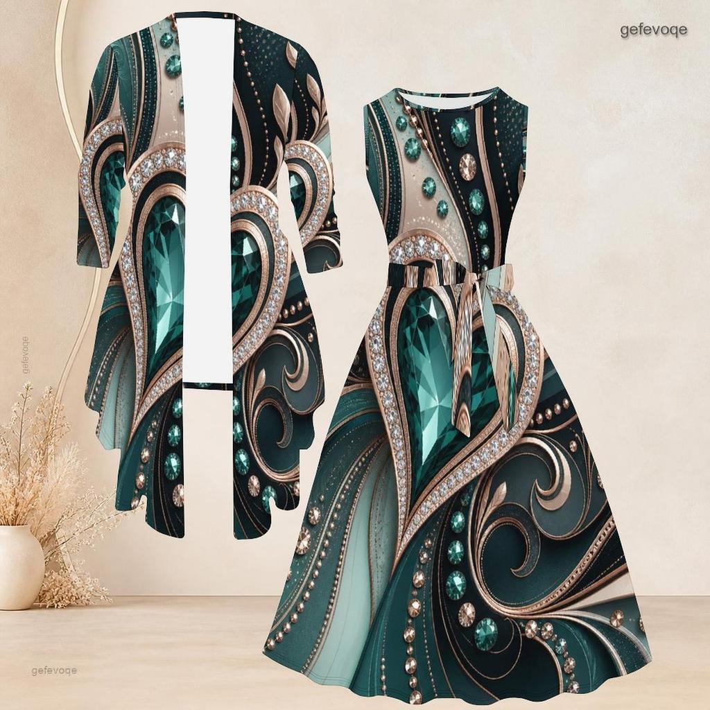 Women Plus Size Two Piece Set Printed Green Black Gold 3 4 Sleeve Cardigan Sleeveless Tie Waist Flared Dress