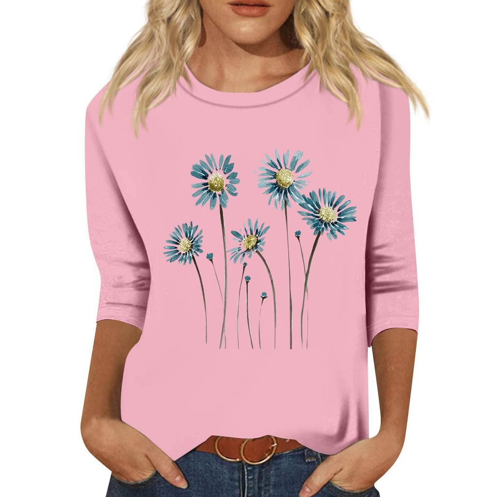 Women's Fashion Loose Casual Seven 3/4 Sleeve Printed Round Neck Pullover Top