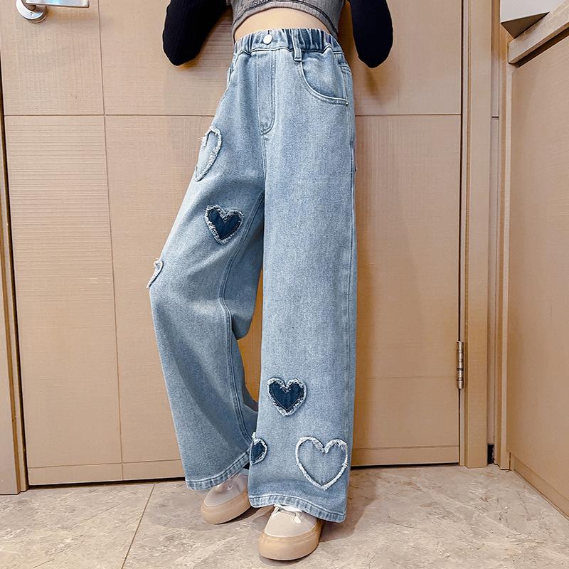 Girls' Heart Patch Jeans Spring Stylish Children's Korean Fashion Long Pants for Girls Spring and Autumn Outerwear Pants