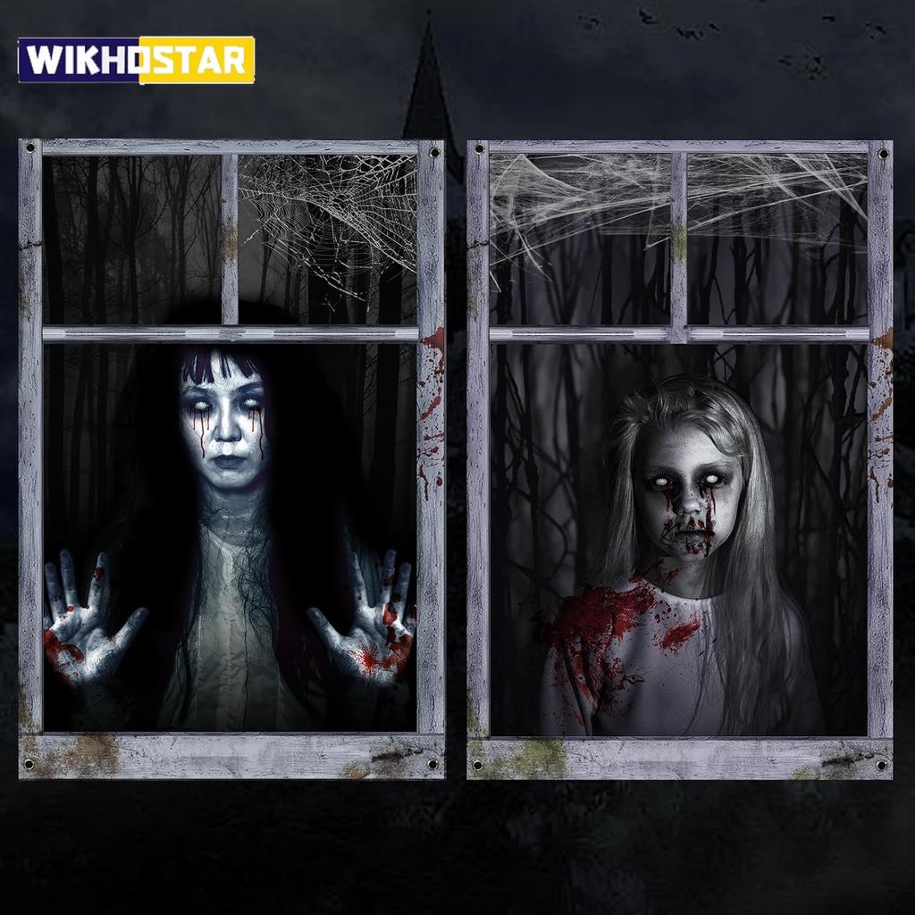 2 Pack Halloween Ghost Curtain Decorations - Female Ghost Window Cover for Indoor/Outdoor Party Decor