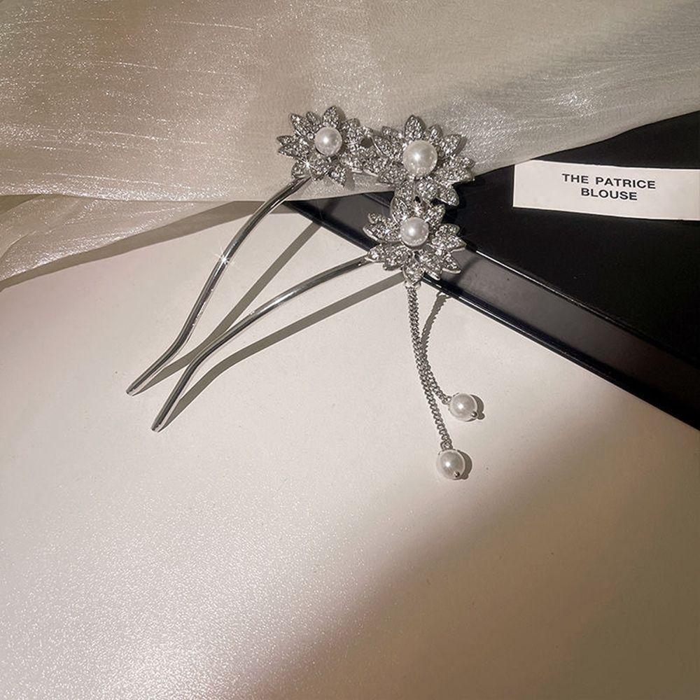 

Flower Hairstyle Design Tool U Shaped Hairpin Hanfu Hair Sticks Pearl Hairpin Ancient Style Hairpin серебряный