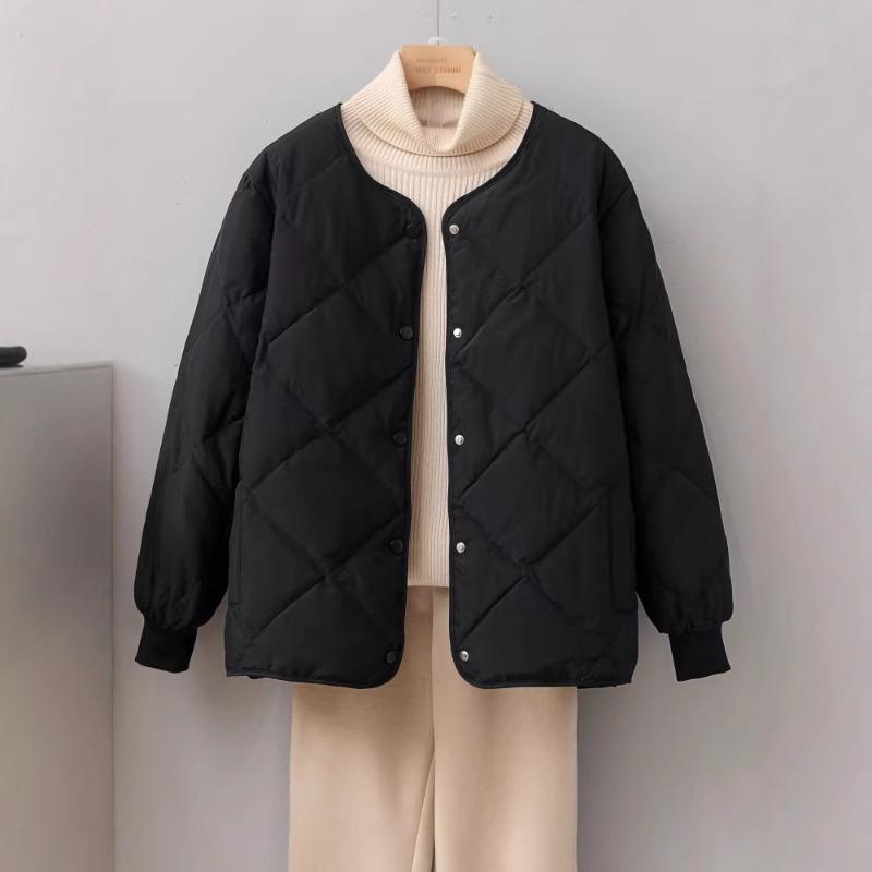 Rhombus Collarless Down Jacket Women's Light and Short New Small Loose Round Neck White Duck Down Liner Jacket