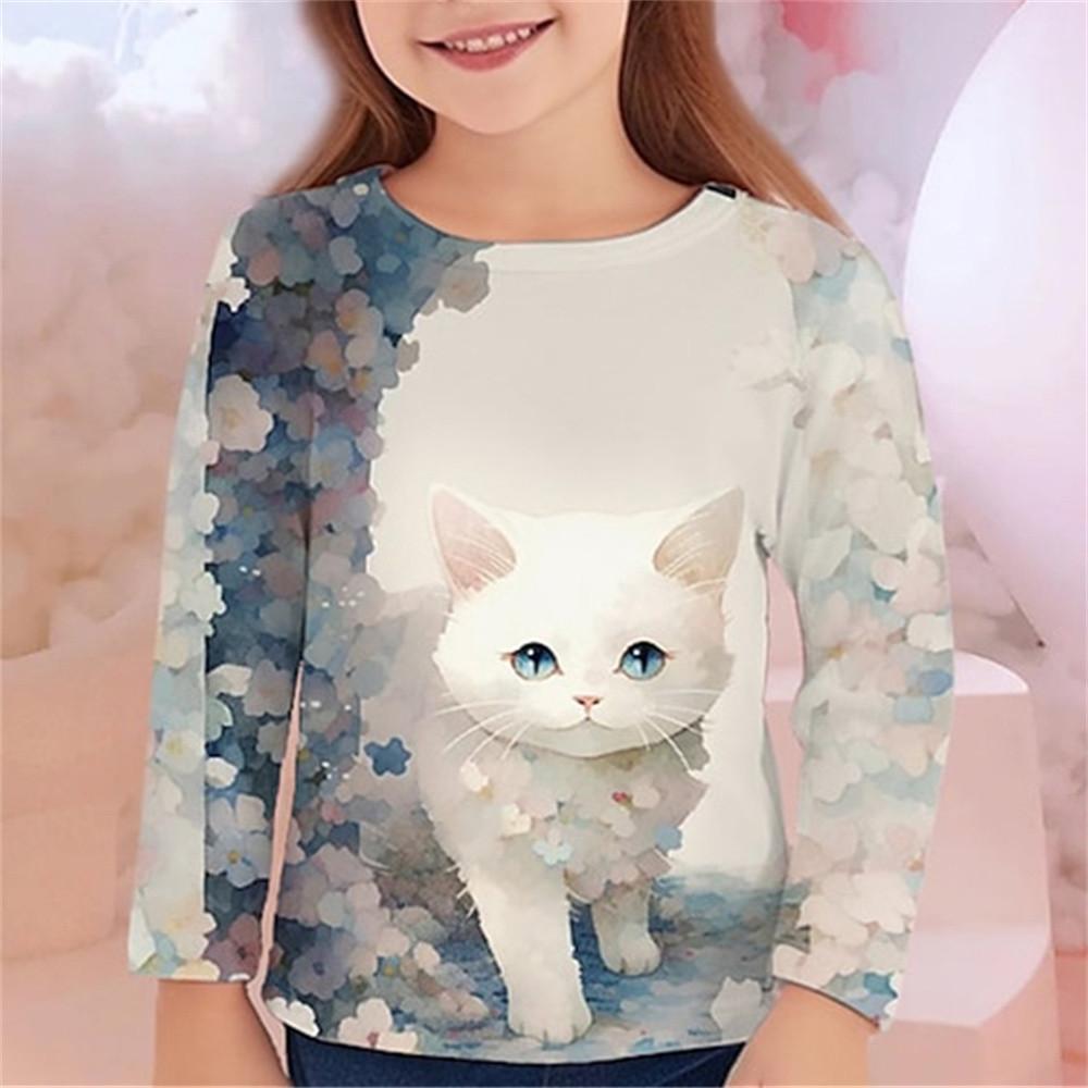 

Spring and Autumn Round Neck Cute Cat 3D Printed Top Fashionable Casual Long Sleeved Children s Girl T-shirts 160