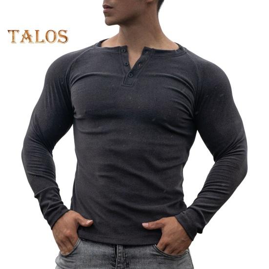 Spring Fall Men Top Buttoned Round Neck Slim Fit Long Sleeves Solid Color Pullover Mid Length Stretchy Sport Jogging T-shirt