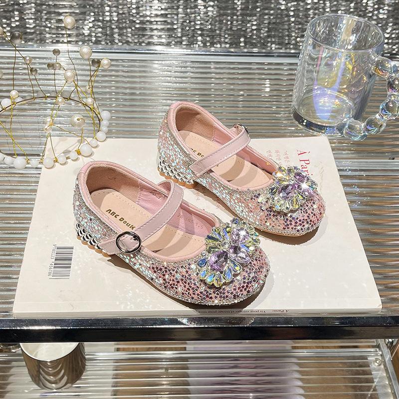 Children's high heels season children's foreign style rhinestone princess shoes children's shiny crystal soft-soled shoes