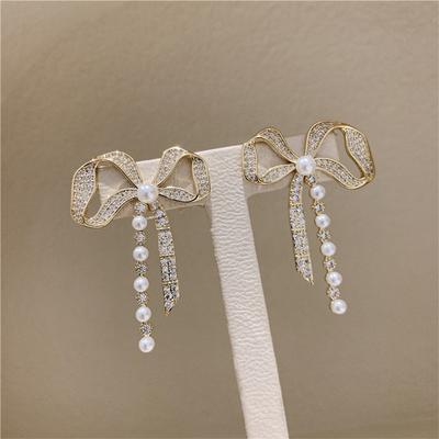Silver Needle Diamond Bow Pearl Earrings European and American Fashion Elegance Temperament Earrings Versatile Earrings Women