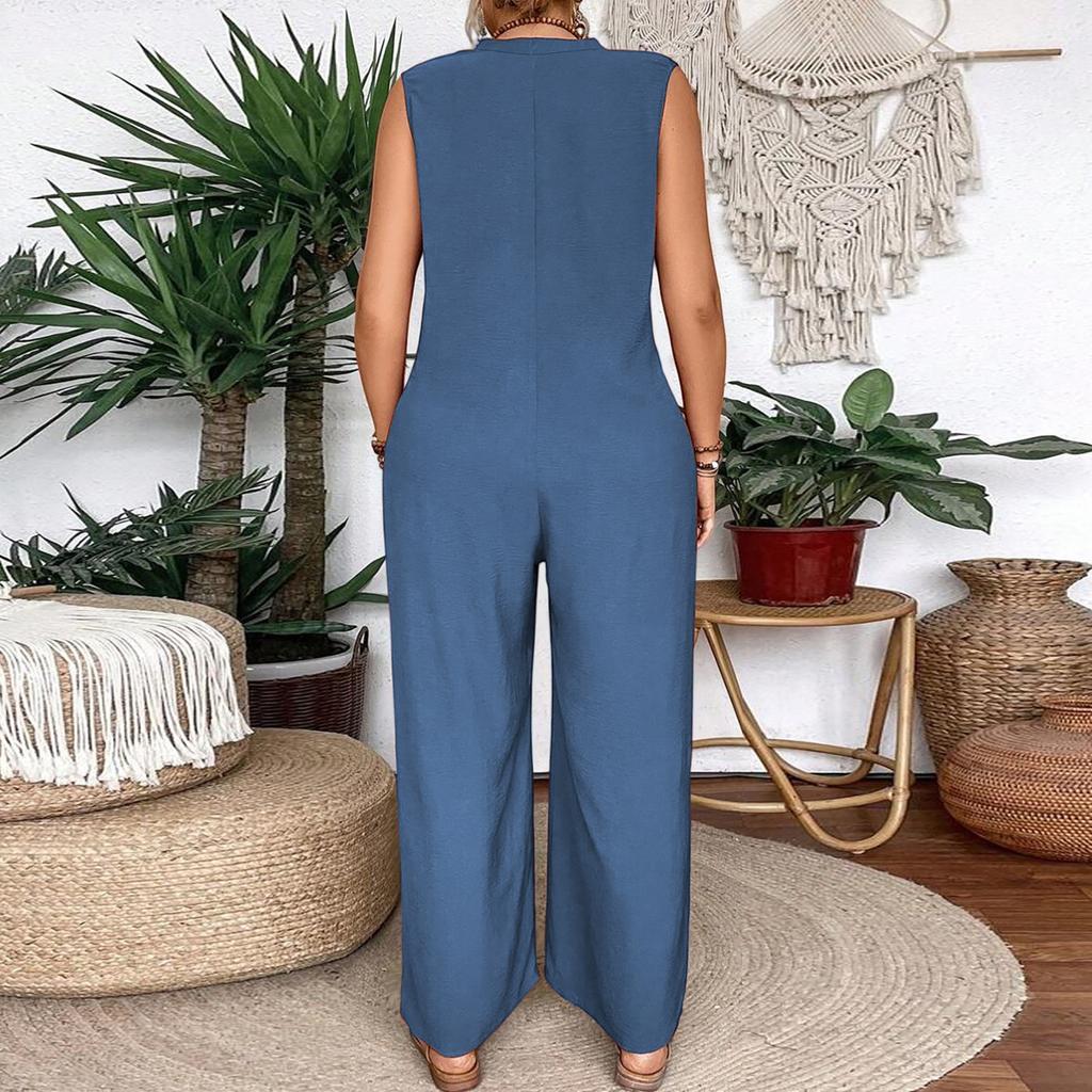 Women's Plus Size Solid Color Summer Casual Fashion Sleeveless Loose And Comfortable Wide Leg Jumpsuit
