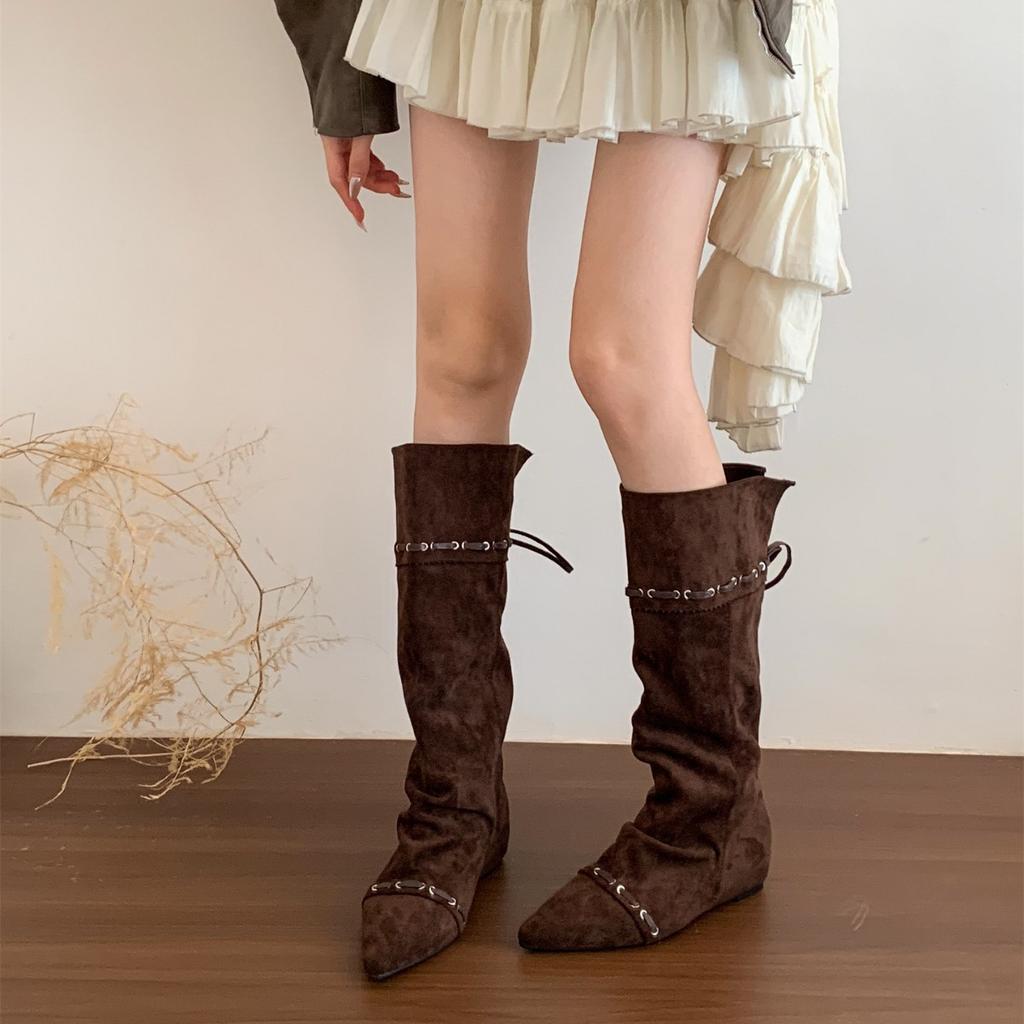 "Wasteland Spice Girls" Inner Heightening Western Cowboy Boots Women's Autumn and Winter Pile Boots Lace-up Skinny Knee Boots
