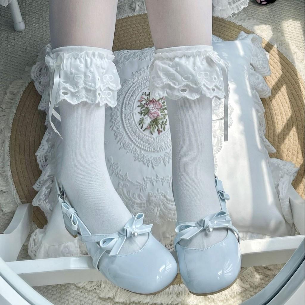 Chinese Style Lolita Cotton Kneehigh Socks With Lace And Bow For Women