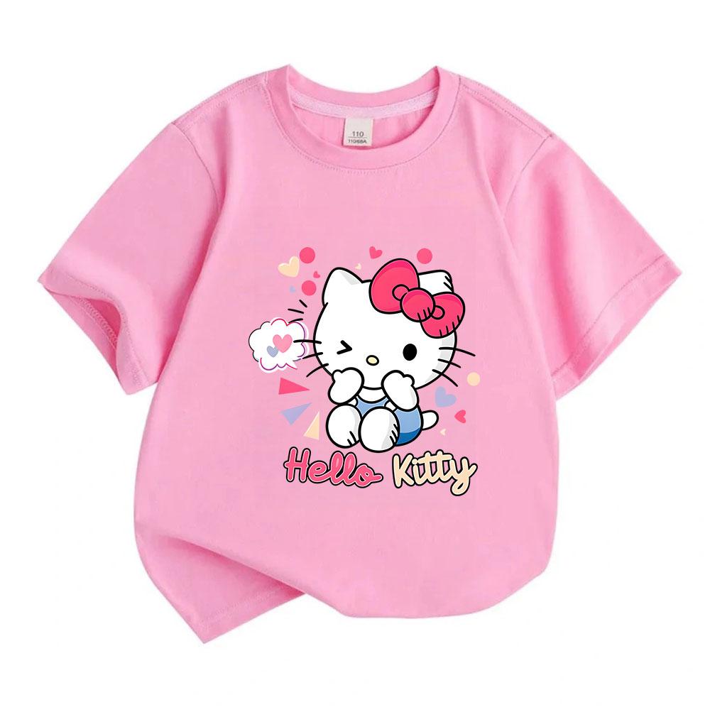 Kids Boys Girls Crew Neck Short Sleeve 100% Cotton T-Shirt, Cute Winking Cat Print Casual Soft Breathable Tee for Little Children Daily Wear Party Hol