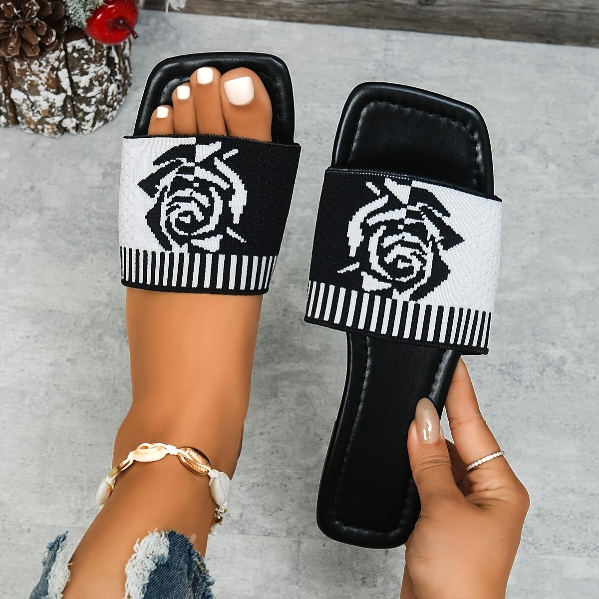 

Элегантные женские босоножки с узором из черно-белых роз — сексуальный квадратный носок, плоский каблук с ремешком на щиколотке, дышащий тканевый верх и резиновая подошва 43 чёрный