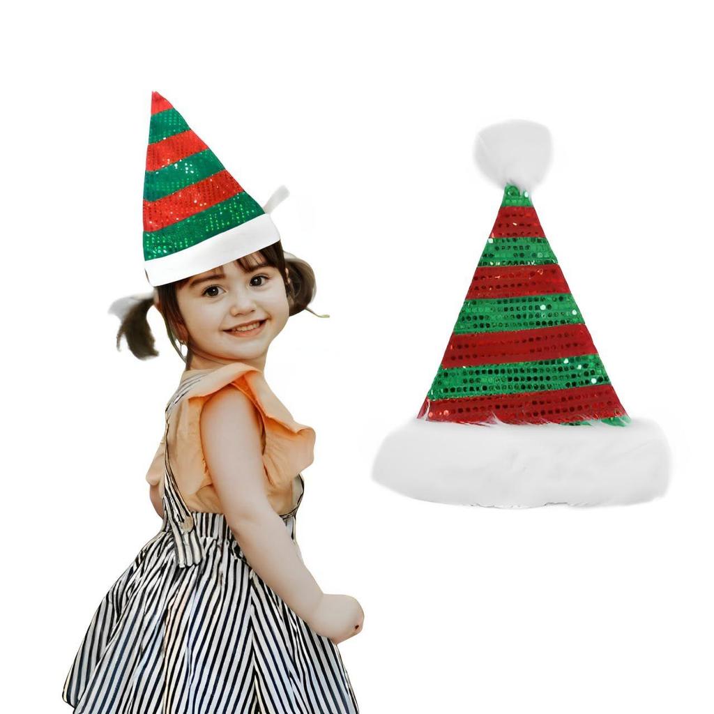 Red & Green Sequin Santa Hat With Plush Ball & Border for Christmas, X-mas Party, Adults - Santa Claus Cap