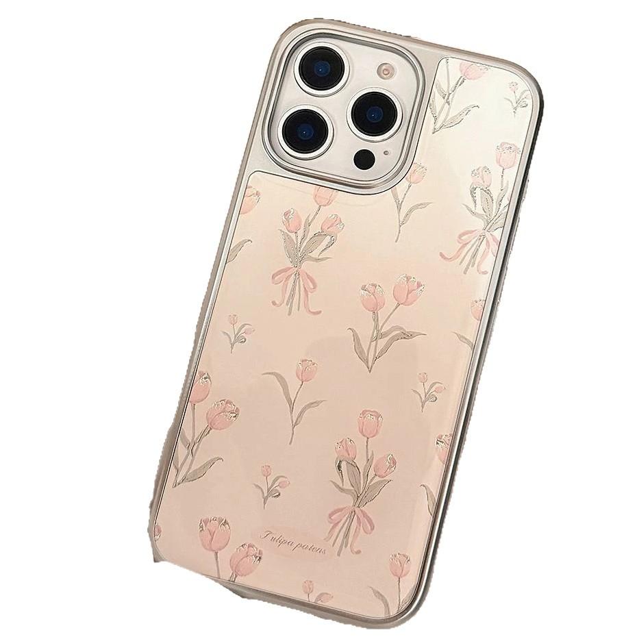 ins sweet pink tulip for apple 17/16 electroplated silver water condensation mobile phone case IP15 fresh 14 girl