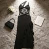 French Sexy Lace Hollow Suspender Dress Women's Design Sense Nightclub Fashion Temptation Ruffle Edge Split Dress