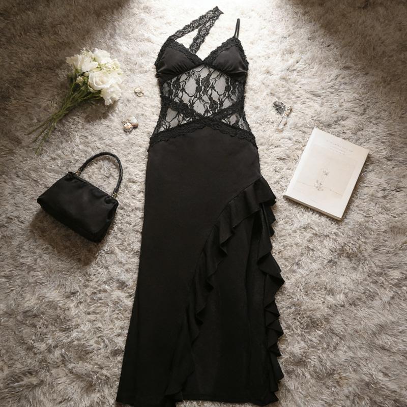 French Sexy Lace Hollow Suspender Dress Women's Design Sense Nightclub Fashion Temptation Ruffle Edge Split Dress