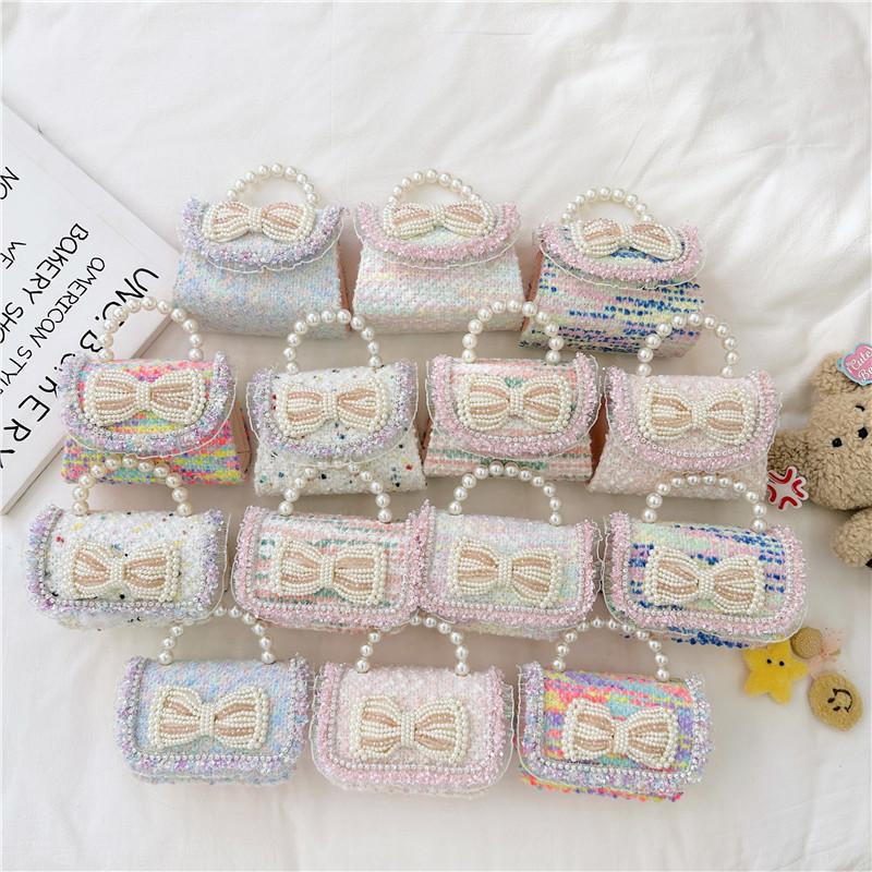 Colorful Sequin Kids Bag With Bowknot Stylish Pearl Handle Mini Crossbody Bag
