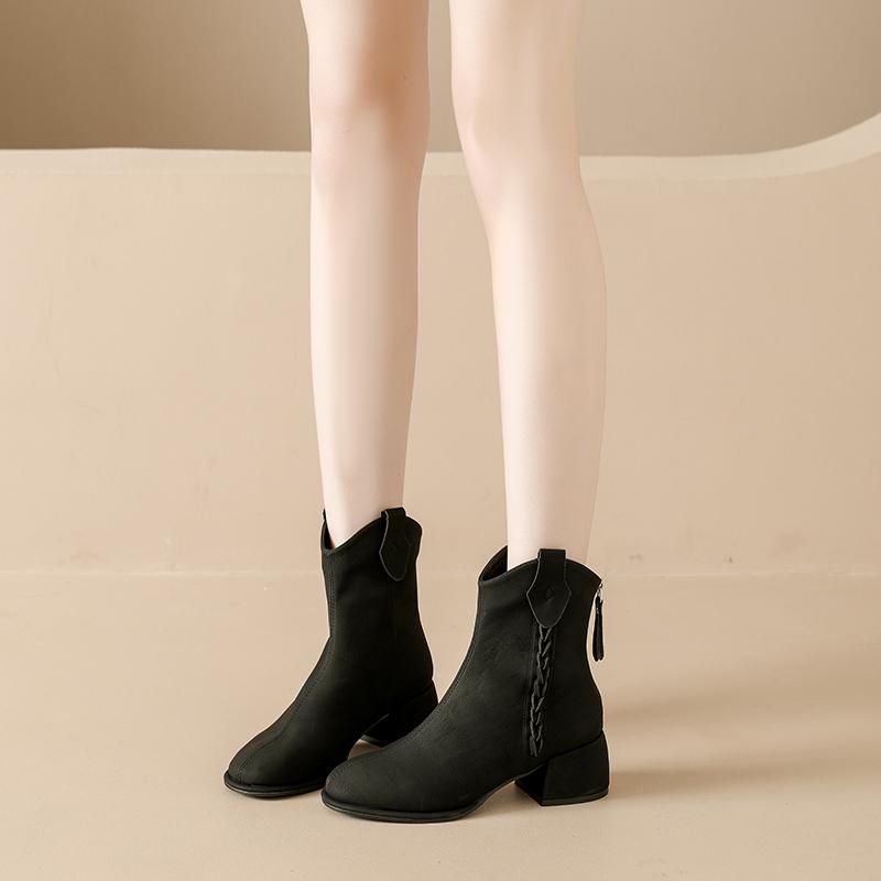 Fashion Block Heel Retro Woven Block Heel Short Boots Women's Autumn and Winter New Temperament Versatile Skinny Booties