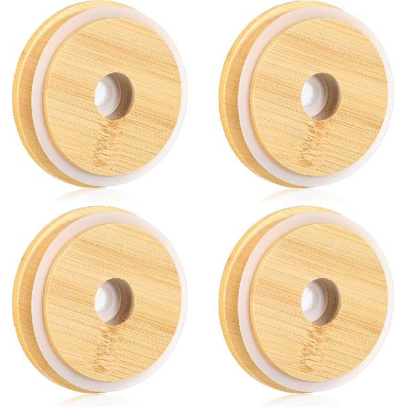 Bamboo Lids for Glass Cups with Straw Hole Reble Wooden Cup Lids Replacment Wood Lid Cover for Mason Jar Regular Mouth Beer Glasses Drinking Jars