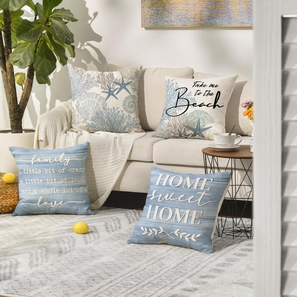 AVOIN Colorlife Summer Take Me To The Beach Coral Starfish Throw Pillow Covers, 18 X 18 Inch Home Sweet Home Motto Blue Cushion Case for Sofa Couch