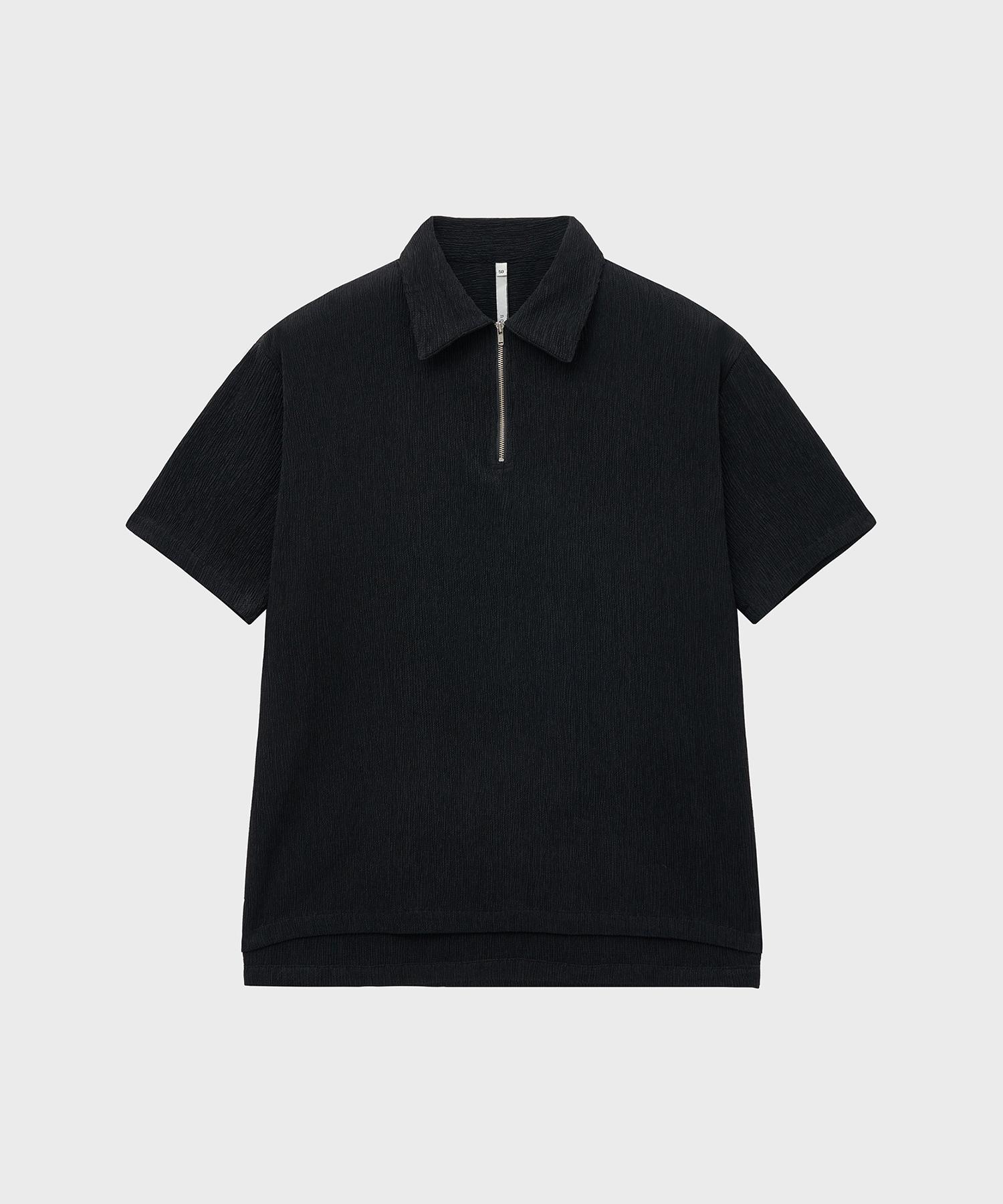 Pleated Zip-Up Half T-Shirt (Black) Black/50