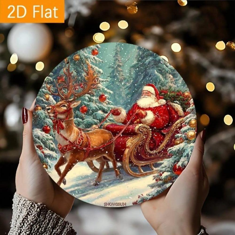 Vintage Christmas Metal Wall Art Santa Claus Reindeer Sleigh Round Tin Sign Holiday Decor Home Office Cafe Bar