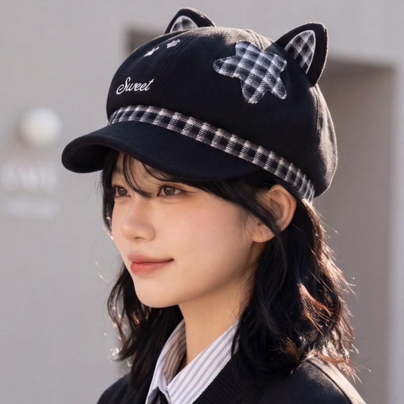 Korean Style Cat Ear Beret Hat Women With Embroidered Letters Wool Blend Octagonal Cap Adjustable Foldable Beanie