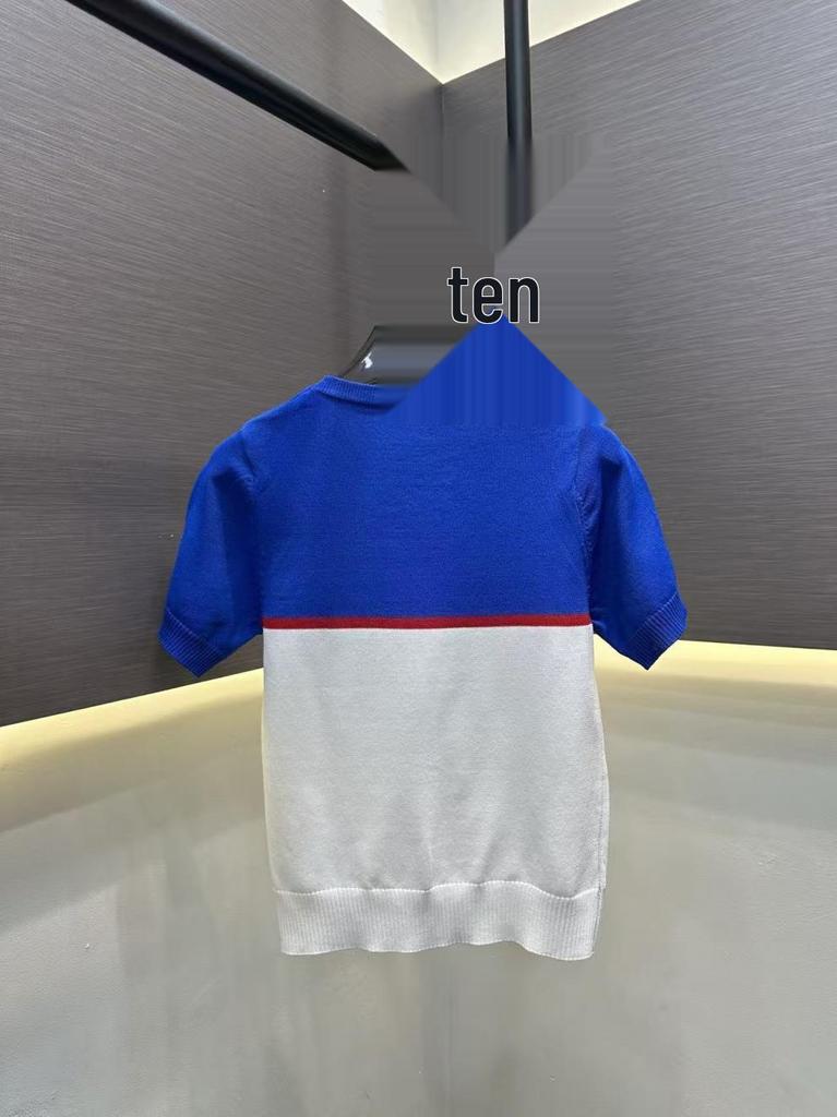 Miu Style High-Quality Embroidered Color-Block Knit Short-Sleeve Top for Summer 2026 - Simple, Casual, and Versatile for Trendy Girls