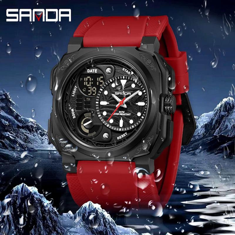 SANDA Neue quadratische Sport Herrenuhr Outdoor LED Elektronischer Stoppuhr Wecker Dual Display Multifunktions Herren Quarzuhr