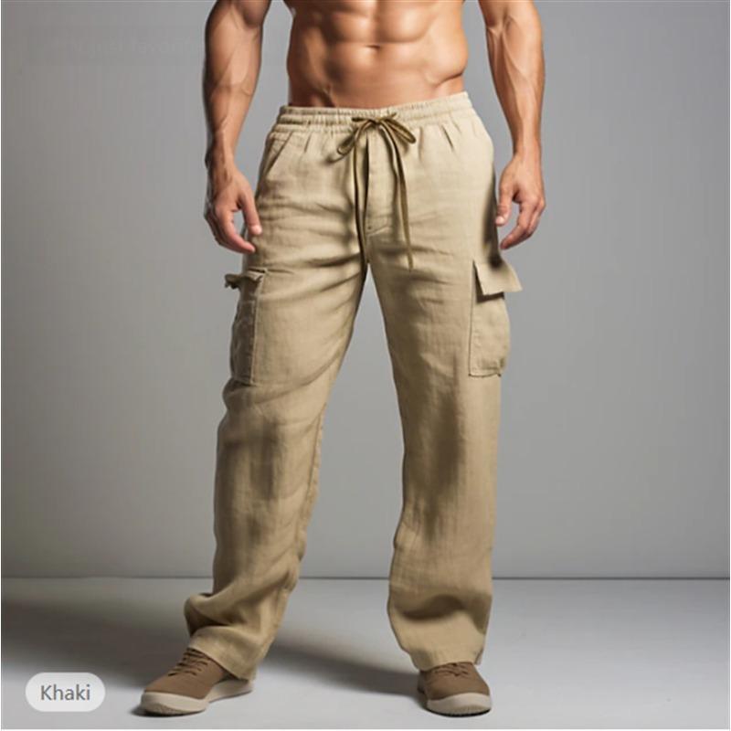 New Cotton and Linen Trousers Drawstring Elastic Waist Straight Leg Solid Color Breathable Daily Casual Mid-length Trousers