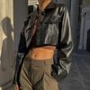 Dames Lente en Herfst Navel Flip Kraag PU Leer Jas Winter Biker Wind Lange Mouwen Vest Korte Blouse