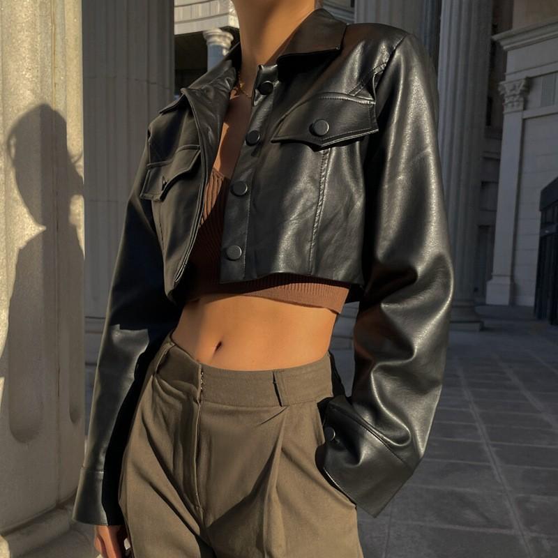 Dames Lente en Herfst Navel Flip Kraag PU Leer Jas Winter Biker Wind Lange Mouwen Vest Korte Blouse