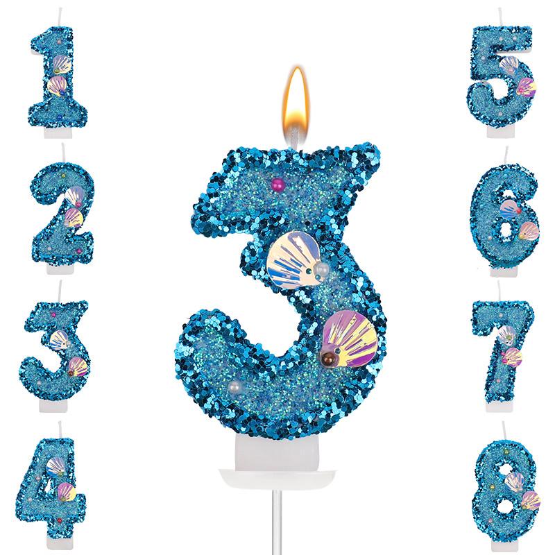 Glitter Blue Number Cake Candles Kids Boy Girl Birthday Party Cake Topper Decoration Mermaid Party Supplies Under The Sea Decor