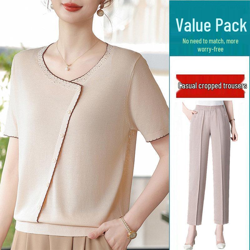 2026 Ice Silk Summer T-Shirt Set for Middle-Aged & Elderly Women: Short-Sleeve, Stylish, Lightweight Knitted Top