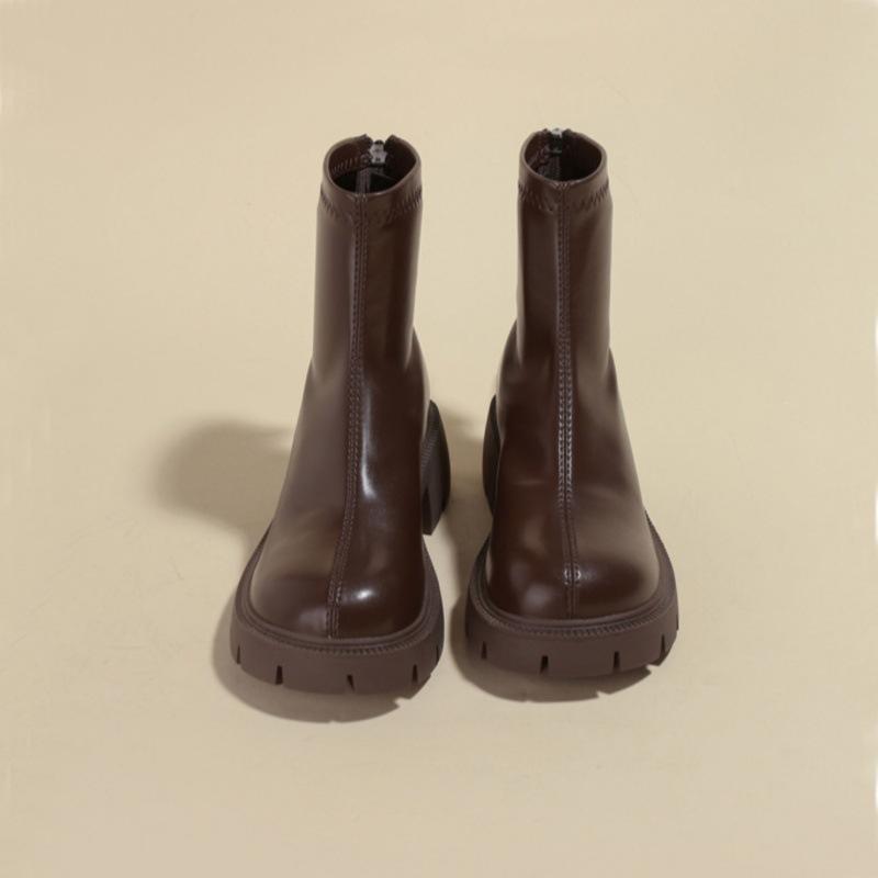 Elastic Small Short Boots Thick Heel Round Head Velvet Thick-soled Martin Boots Women's 2025 Autumn and Winter New Soft Leather Thin Boots